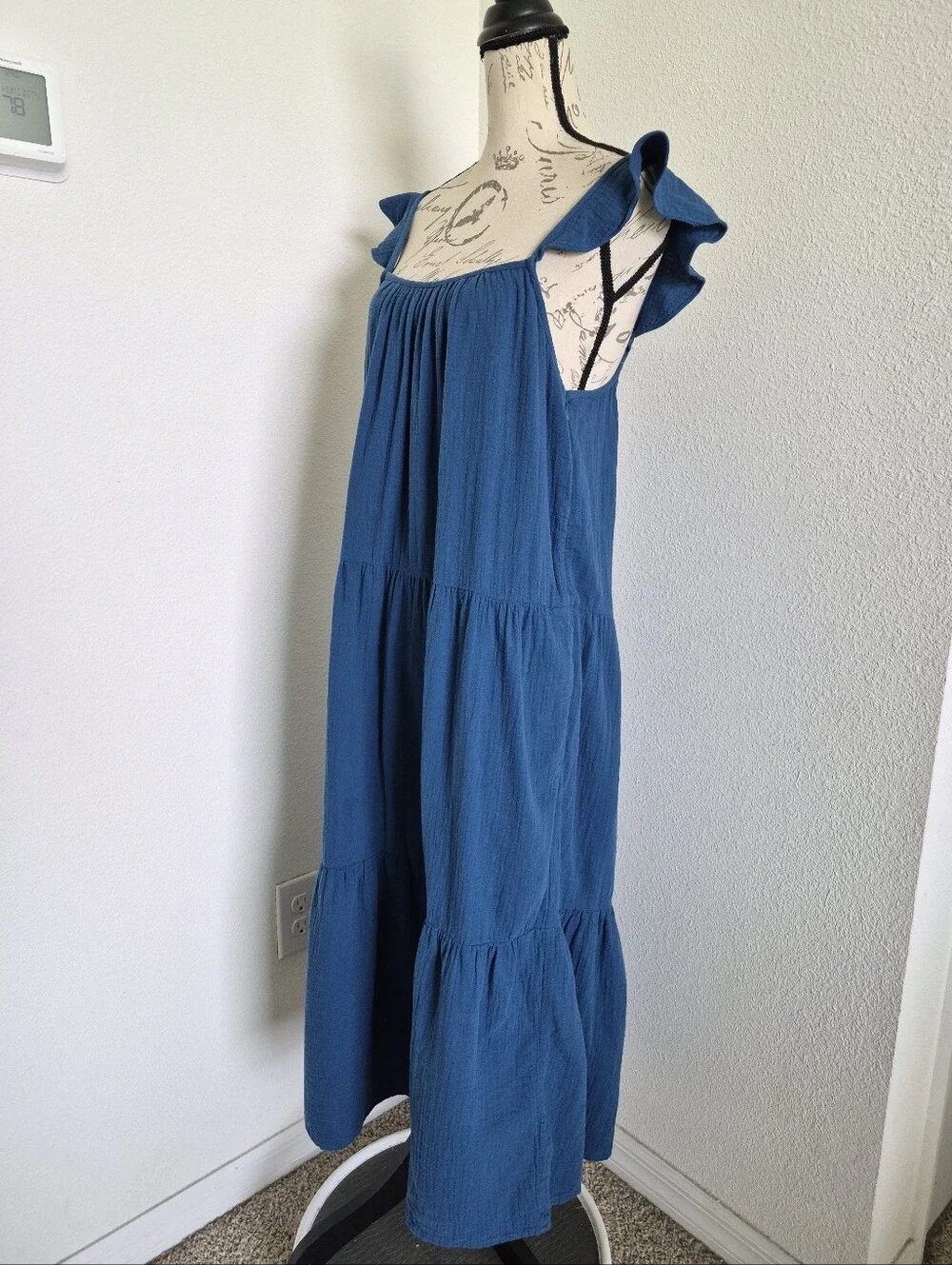J. Crew Blue Gauze Tiered Maxi Dress S Ruffle Strap Cotton Boho Beach Resort
